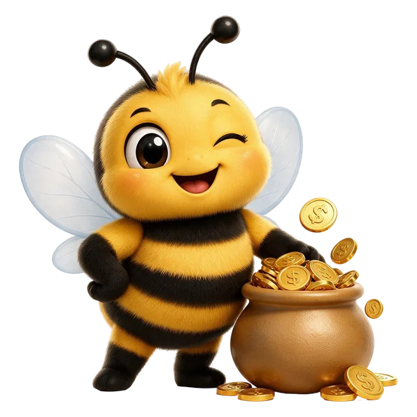 Cashhive bee mascot beside a honey pot full of gold coins